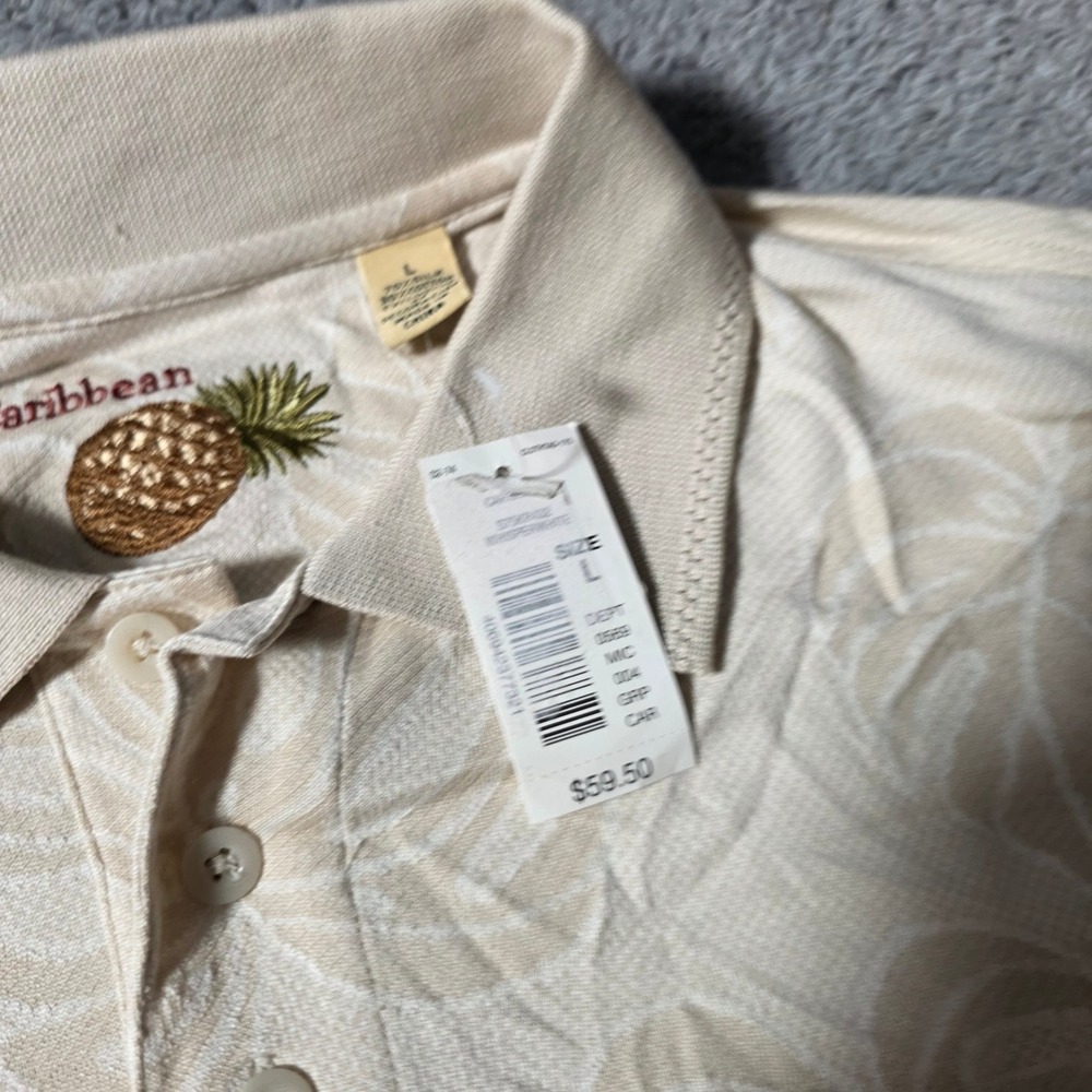 Caribbean Mens L Polo Shirt Cream Silk Cotton Monstera Leaf Jacquard Resort S750 - Picture 4 of 6